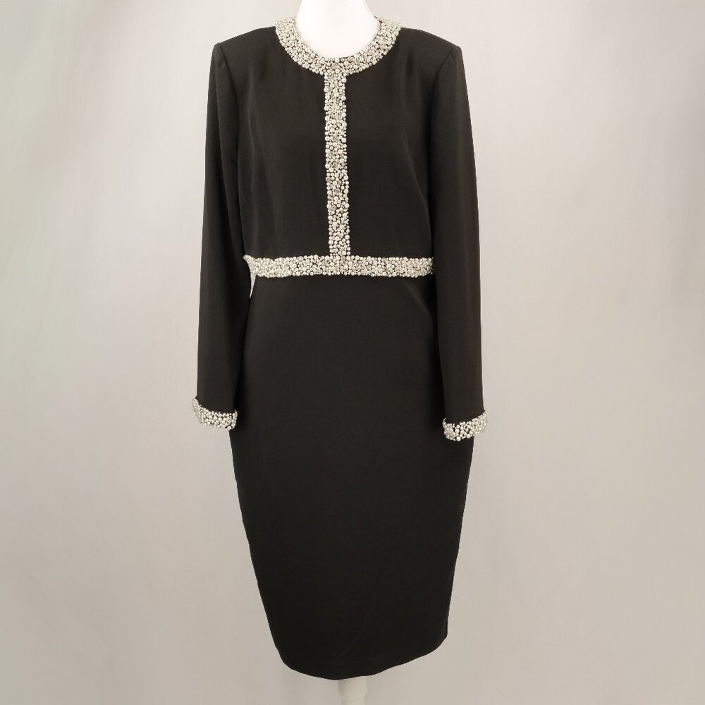 Badgley Mischka Crepe Crystal & Pearl Embellished Long Sleeve Midi Dress, Black